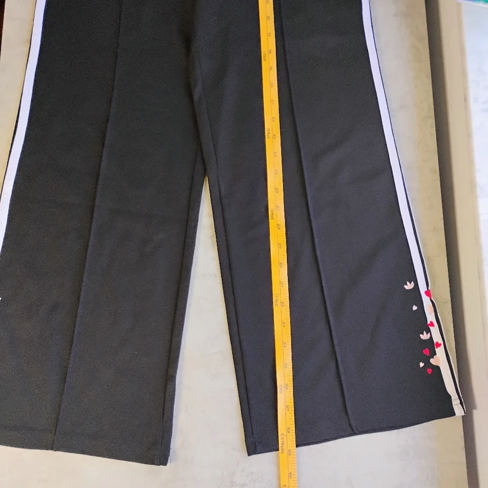 adidas Black Track Pants with White Side Stripes and Red/Gold Heart Embroidery - Picture 10 of 13